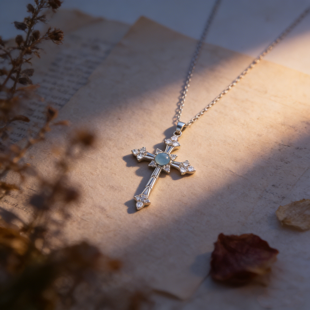 Natural Aquamarine Cross Necklace by OraGem Studio
