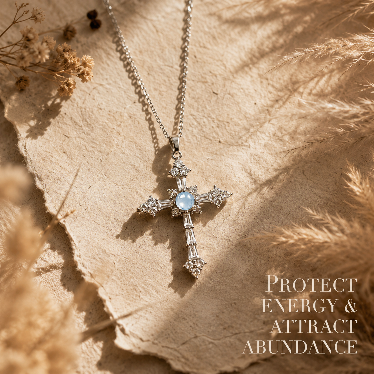 Natural Aquamarine Cross Pendant Necklace | Made to Order