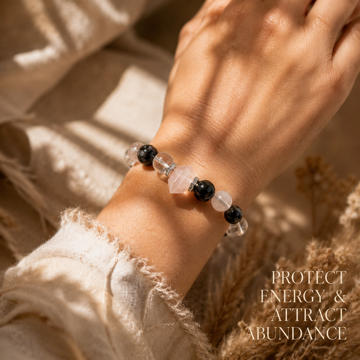 Natural Rose Quartz & Obsidian Bracelet