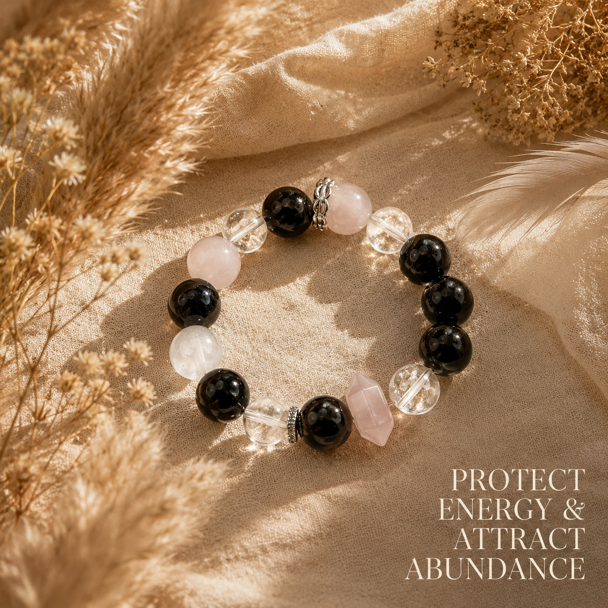 Natural Rose Quartz & Obsidian Bracelet