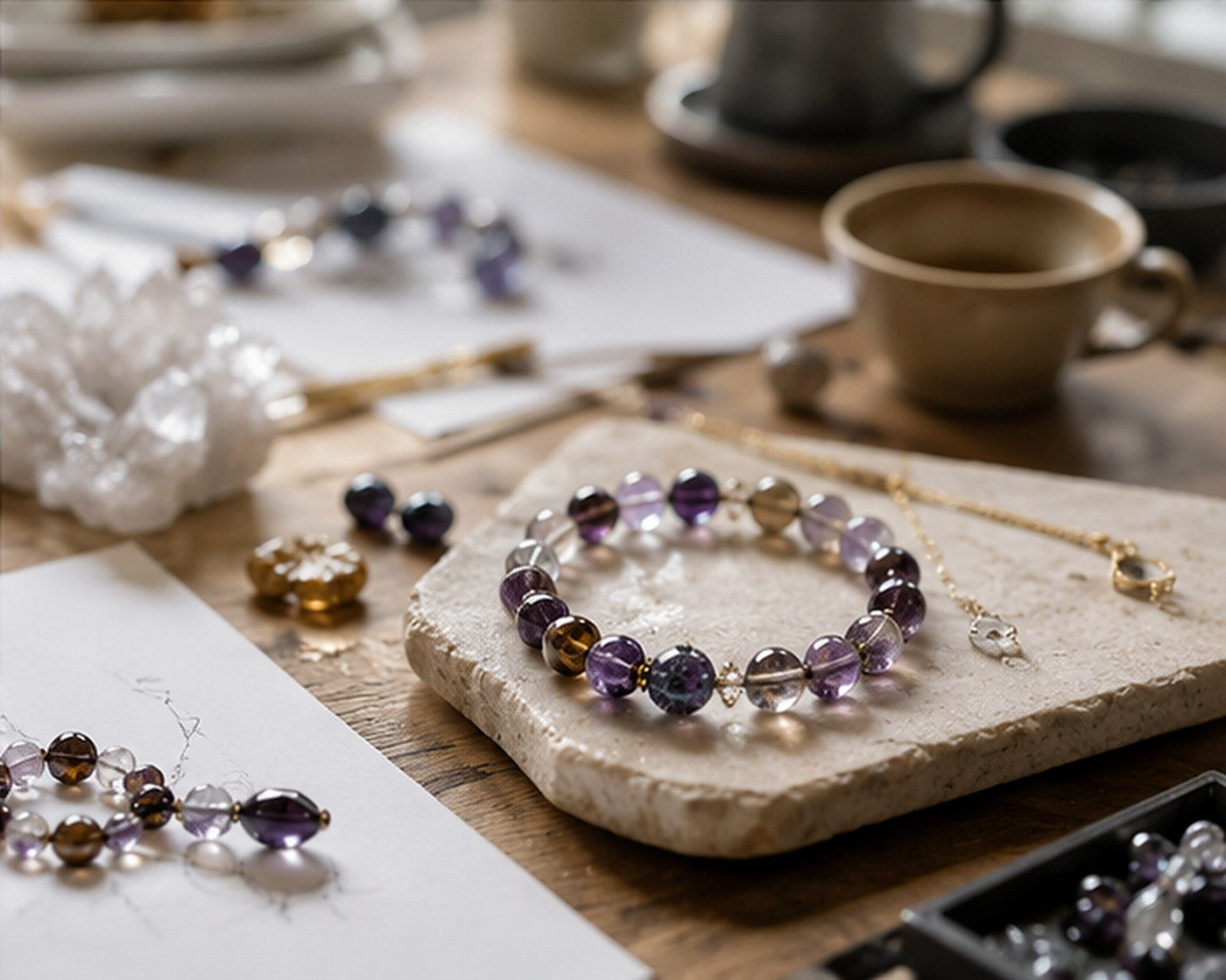 Amethyst bracelet arranged as a refined studio still life