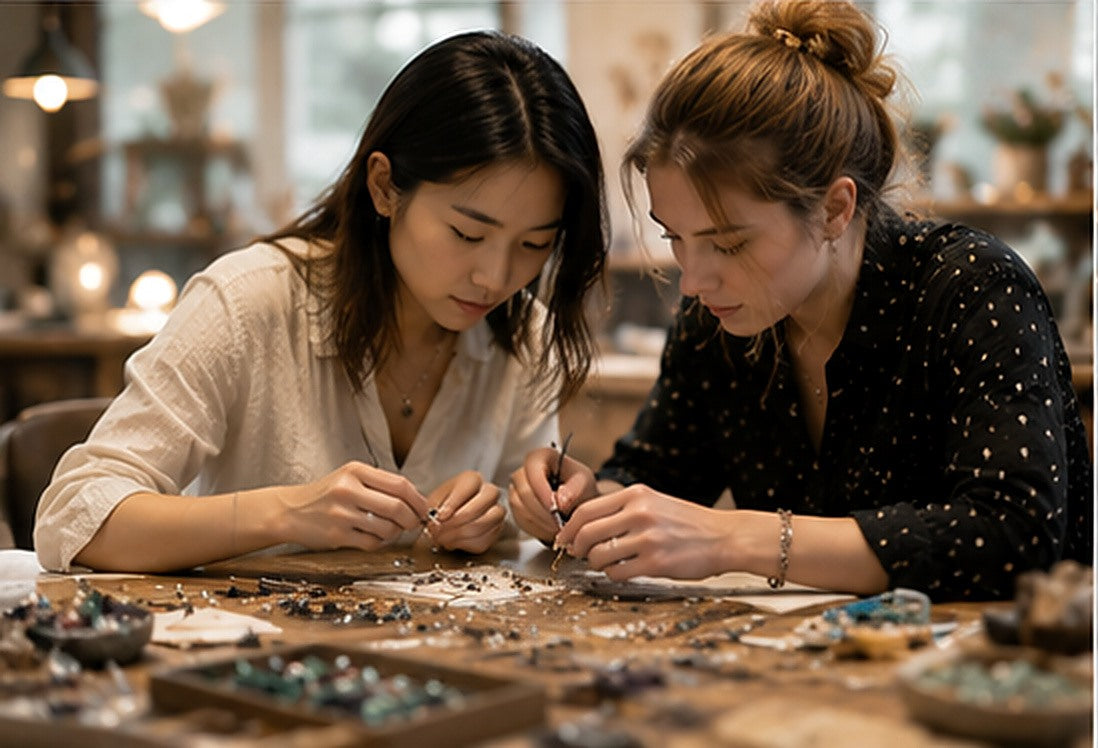 Two jewelry designers selecting and setting natural gemstones together