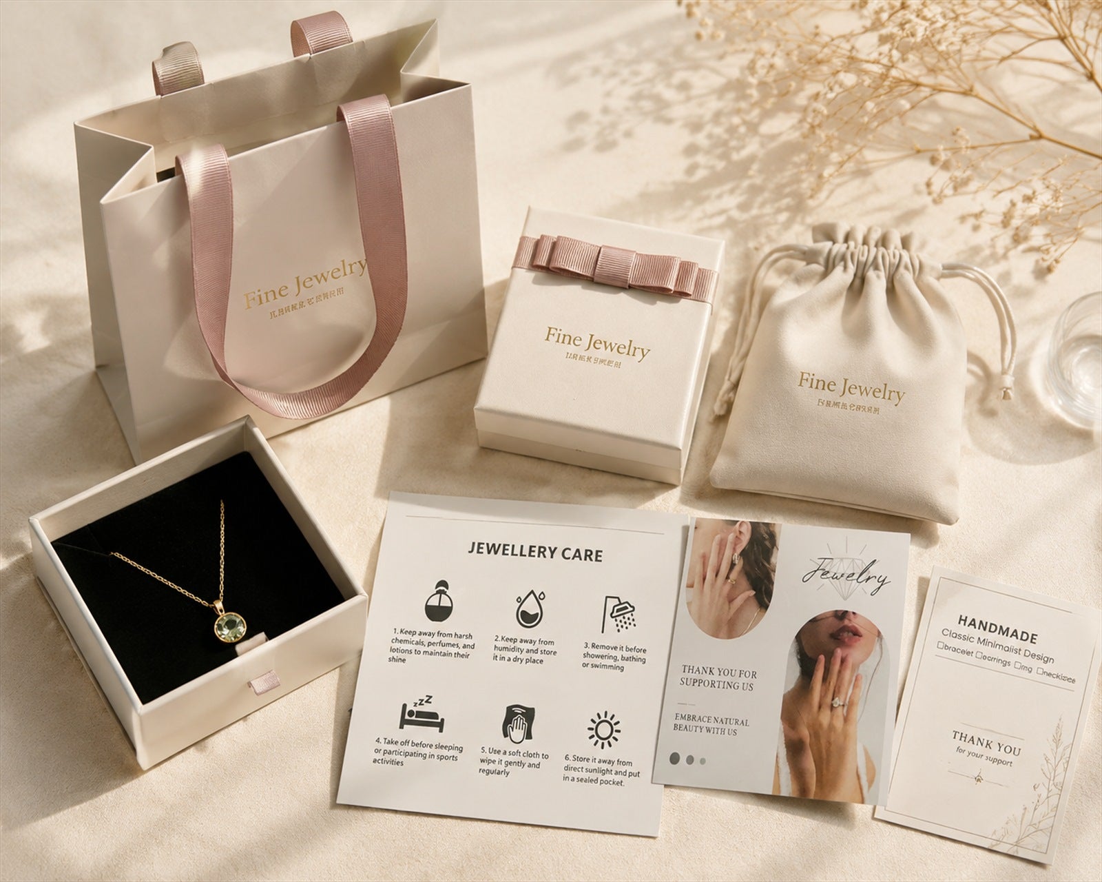 OraGem Studio gift packaging with jewelry box, pouch, care card, and thank-you materials